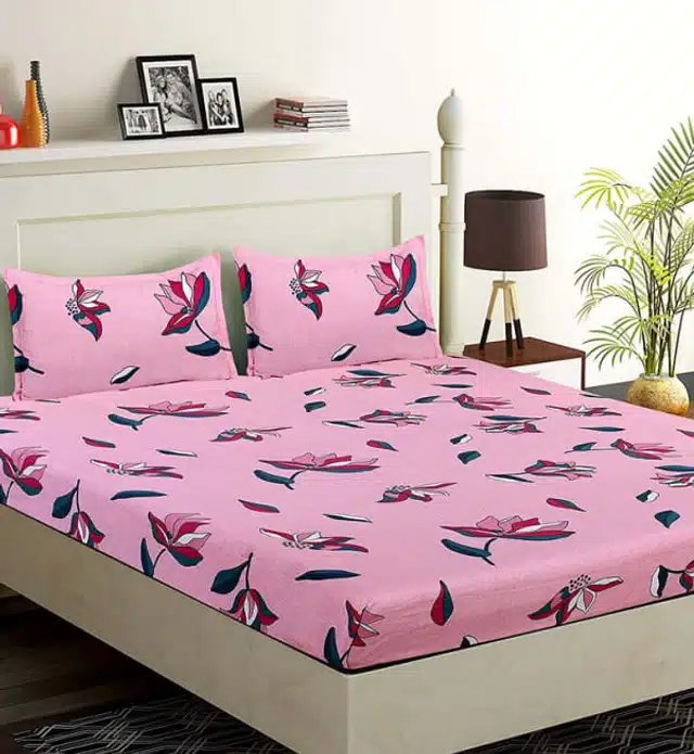 Elastic Fitted Bedsheet with 2 Pillow Covers (Pink, 72"x72")