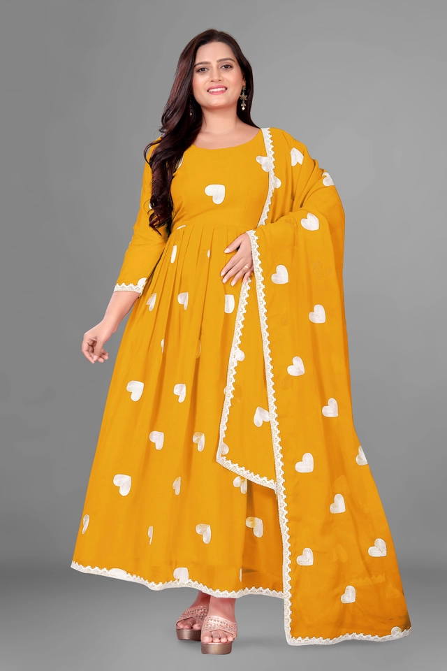 Georgette Ethnic Motif Gown with Dupatta for Women (Yellow & White, S)