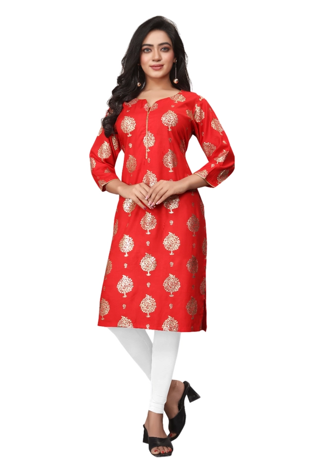 Cotton Silk Embellished Kurti for Women (Red, M)