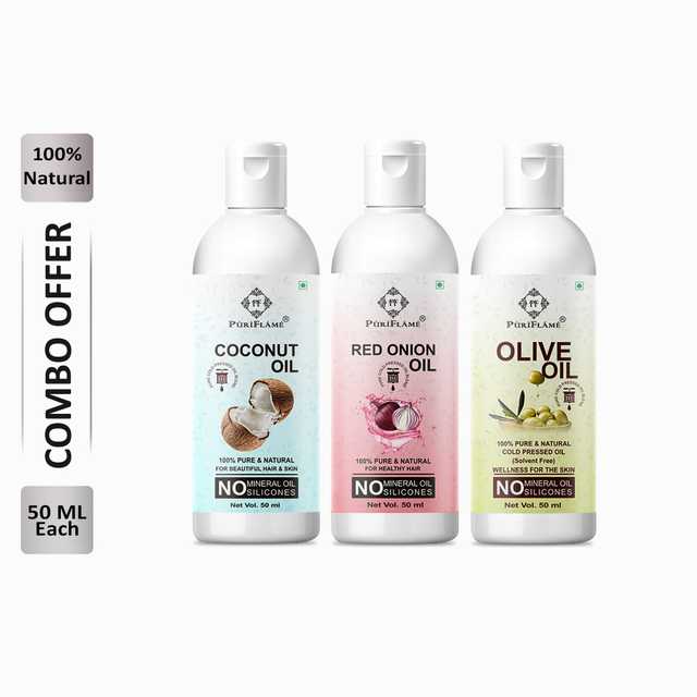 Puriflame Pure Coconut Oil (50 ml), Red Onion Oil (50 ml) & Olive Oil (50 ml) Combo for Rapid Hair Growth (Pack of 3) (B-10374)