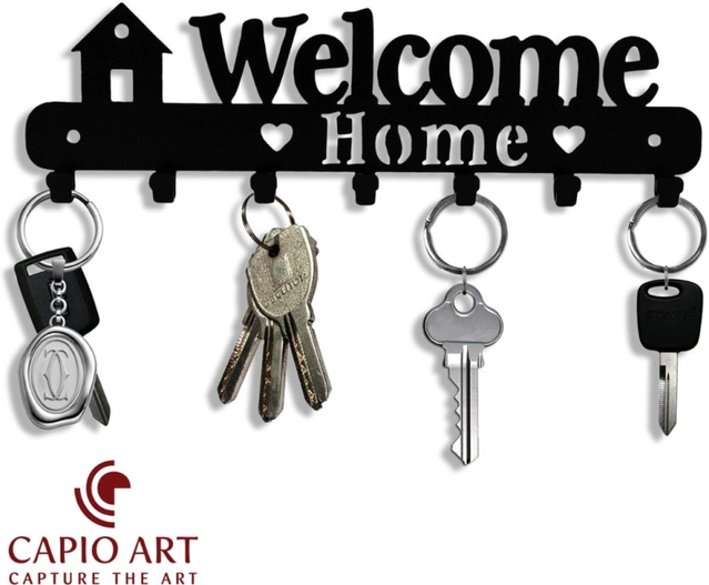 CAPIO ART Designer Welcome Home Metal Key Holder (7 Hooks) (Black) (Pack Of 1)