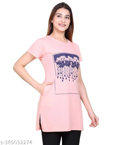 Round Neck Printed Long T-Shirt for Women (Peach, XL)