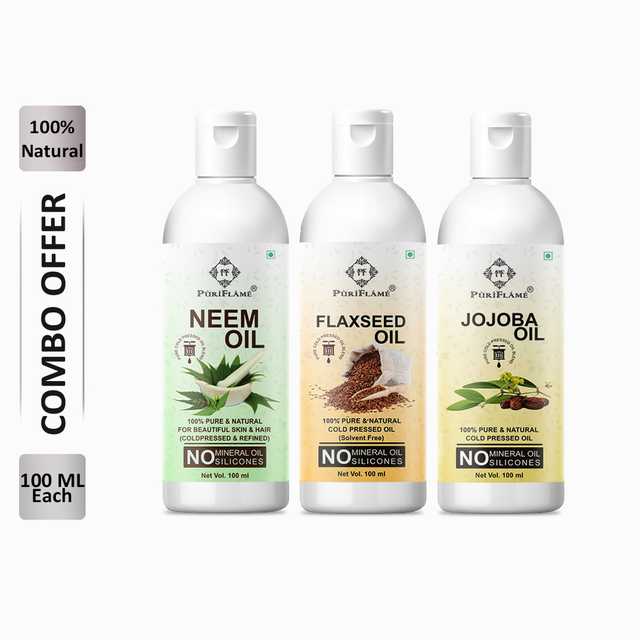PuriFlame Pure Neem Oil (100 ml) & Flaxseed Oil (100 ml) & Jojoba Oil (100 ml) Combo For Rapid Hair Growth (Pack Of 3) (B-5823)