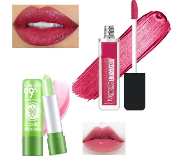 Combo of Metallic Waterproof Lip Gloss (6 ml) with Aloevera Lip Balm (Rose Pink, Set of 2)