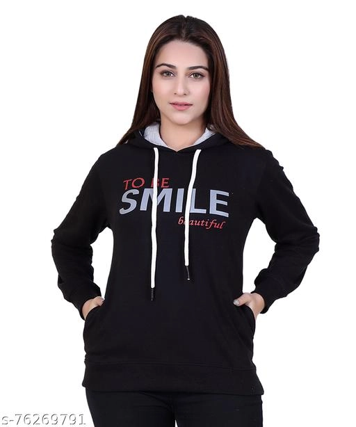 Cotton Blend Printed Hoodie for Women (Black, M)