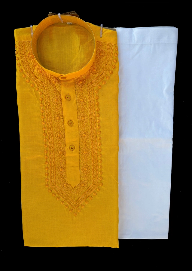 Cotton Embroidered Kurta with Pyjama for Men (Yellow & White, M)