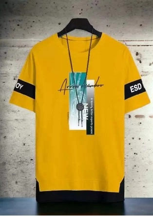 Round Neck Printed T-Shirt for Men (Mustard, S)