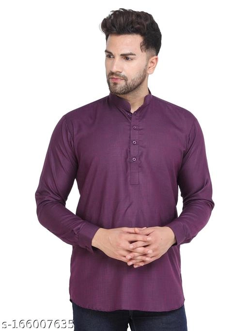 Cotton Blend Solid Short Kurta for Men (Purple, S)