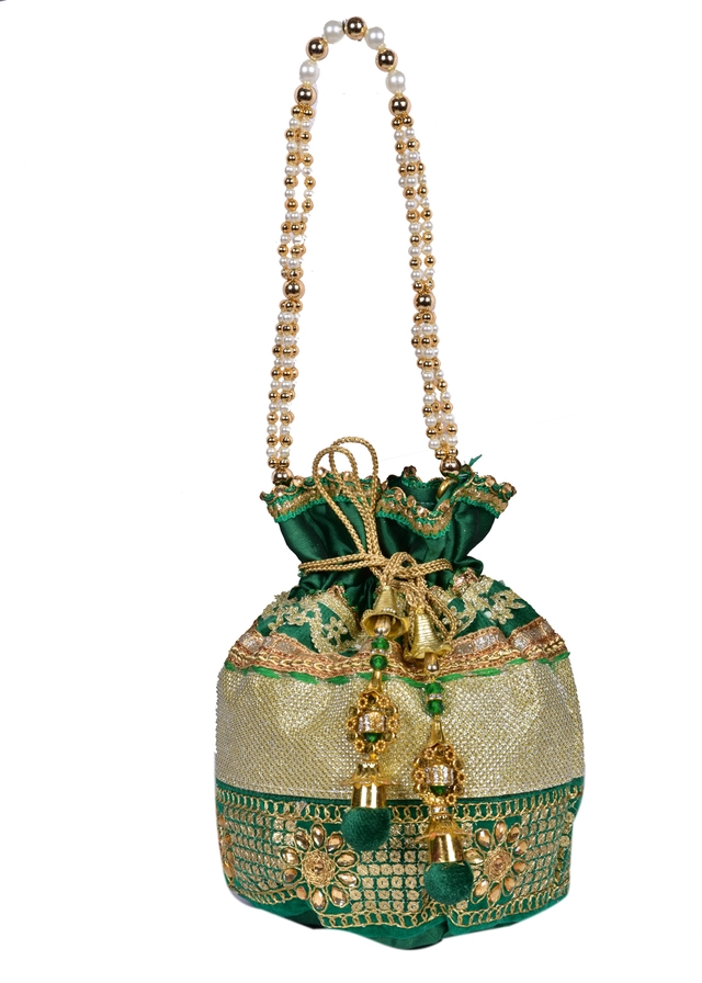 Silk Floral Ethnic Rajasthani Traditional Work Potli with Handle for Return Gifts (Green)