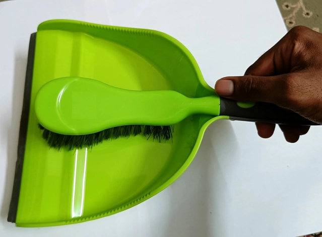 Combo of Plastic Heavy Duty Dust Pan with Brush (Green, Set of 2)