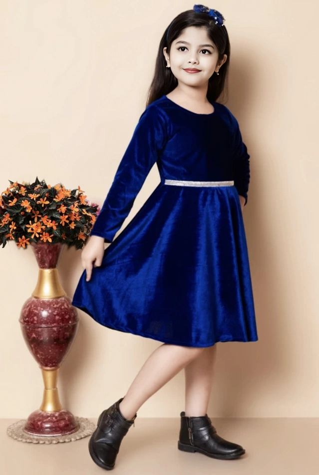 Velvet Solid Dress for Girls (Navy Blue, 0-3 Months)