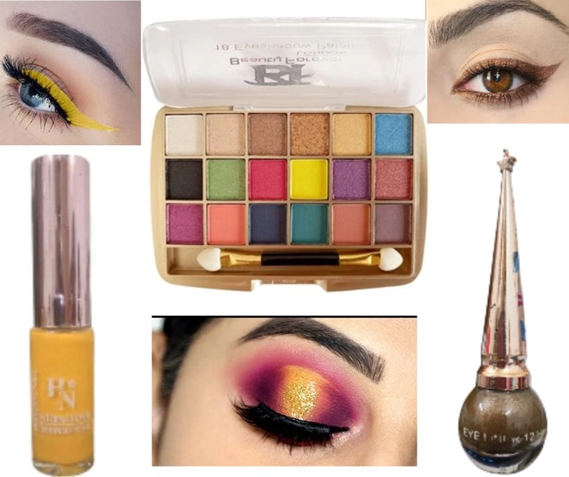 Combo of 2 Pcs Waterproof Eyeliner (Brown & Yellow) & 18 Shades Eyeshadow Palette (Multicolor) (Set of 3)