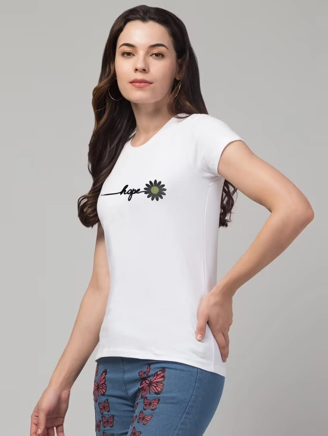 Round Neck Printed T-Shirt for Women (White, S)