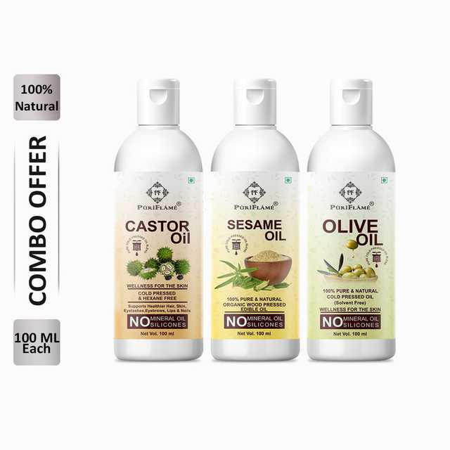 PuriFlame Pure Castor Oil (100 ml) & Sesame Oil (100 ml) & Olive Oil (100 ml) Combo For Rapid Hair Growth (Pack Of 3) (B-3595)