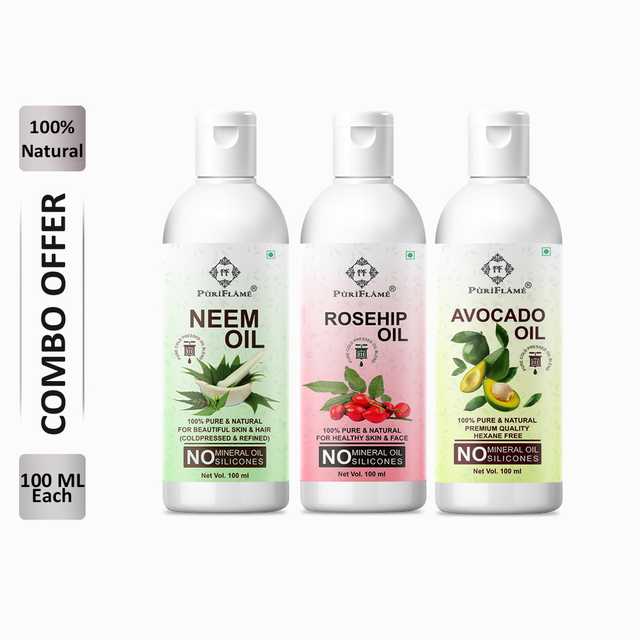 PuriFlame Pure Neem Oil (100 ml) & Rosehip Oil (100 ml) & Avocado Oil (100 ml) Combo For Rapid Hair Growth (Pack Of 3) (B-5960)