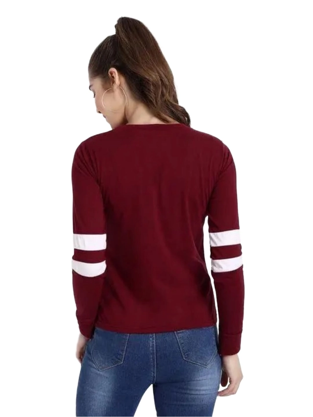 Round Neck Full Sleeves Printed T-Shirt for Women (Maroon, S)