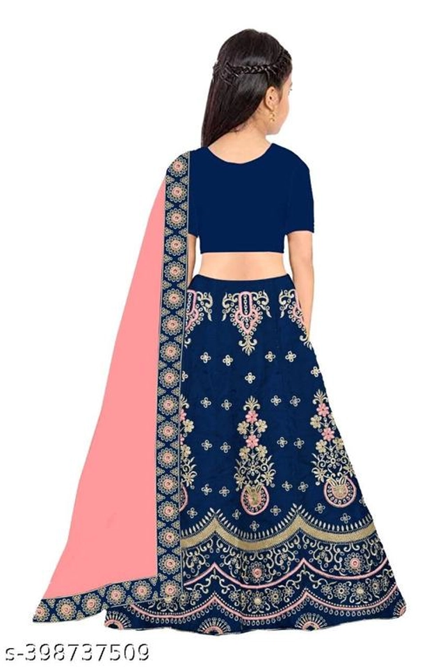 Satin Embroidered Lehenga with Choli & Dupatta for Girls (Blue & Pink, 2-3 Years)