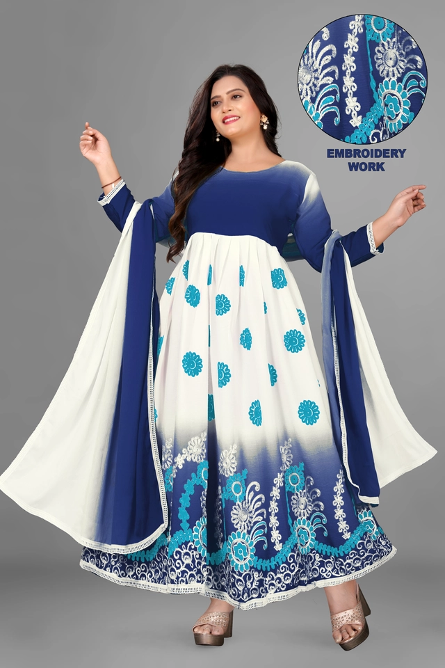 Jute Silk Printed Anarkali Kurti with Dupatta for Women (Blue & White, S)