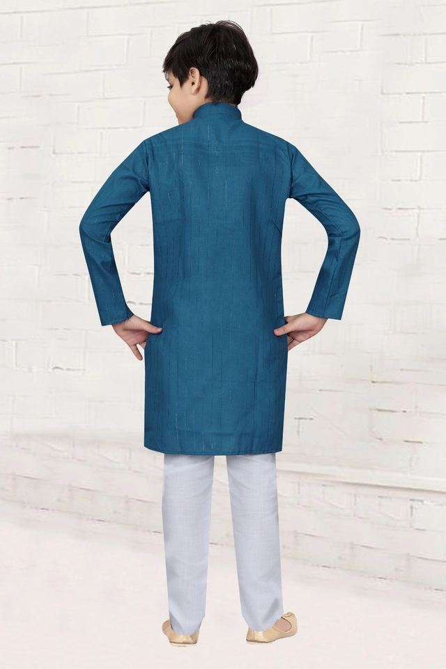 Cotton Full Sleeves Kurta with Pyjama for Boys (Blue & White, 3-5 Years)