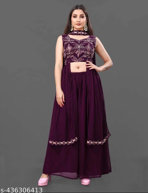 Georgette Embroidered Kurti with Sharara & Dupatta for Women (Purple, S)