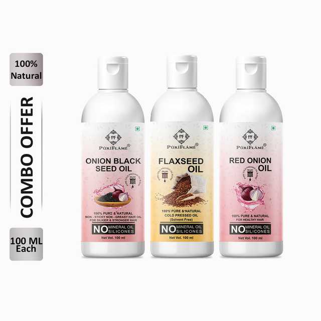 PuriFlame Pure Onionblackseed Oil (100 ml) & Flaxseed Oil (100 ml) & Red Onion Oil (100 ml) Combo For Rapid Hair Growth (Pack Of 3) (B-6511)