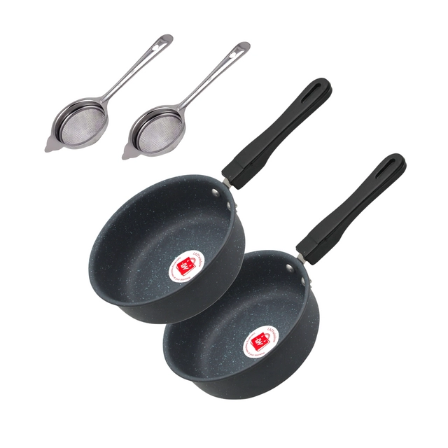 Non Stick Metal 2 Pcs Saucepan with 2 Pcs Tea Strainer (Set of 4, Grey & Black)