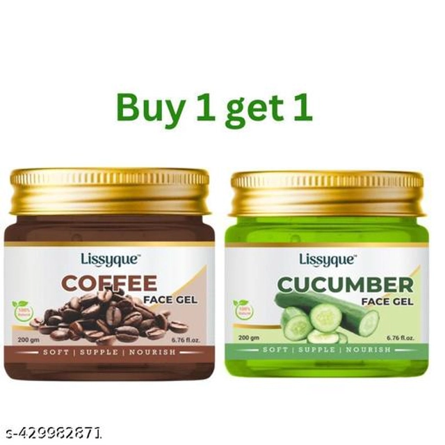  Lissyque Coffee & Cucumber Gel, Face And Hair, Ideal For Acne Scars, Dark Circles, Moisturising, Soothing, Multipurpose Gel - 200 gm (Buy One Get One)