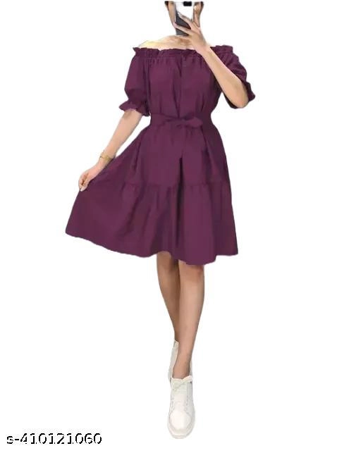 Crepe Solid Dress for Women (Wine, S)