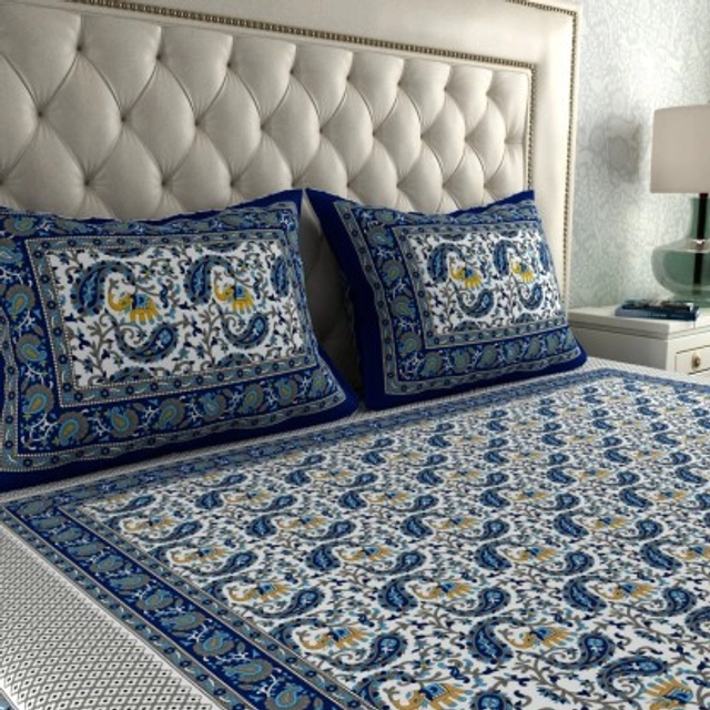 Cotton, Jaipuri, Flat Bedsheet 104 TC with 2 Pillow covers ( Pack of 1, Paisley Blue)