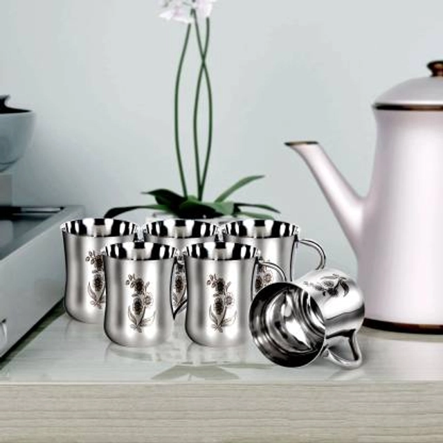 LEROYAL Stainless Steel Floral Design Print Coffee and Tea Cup  (Silver, Pack of 6)