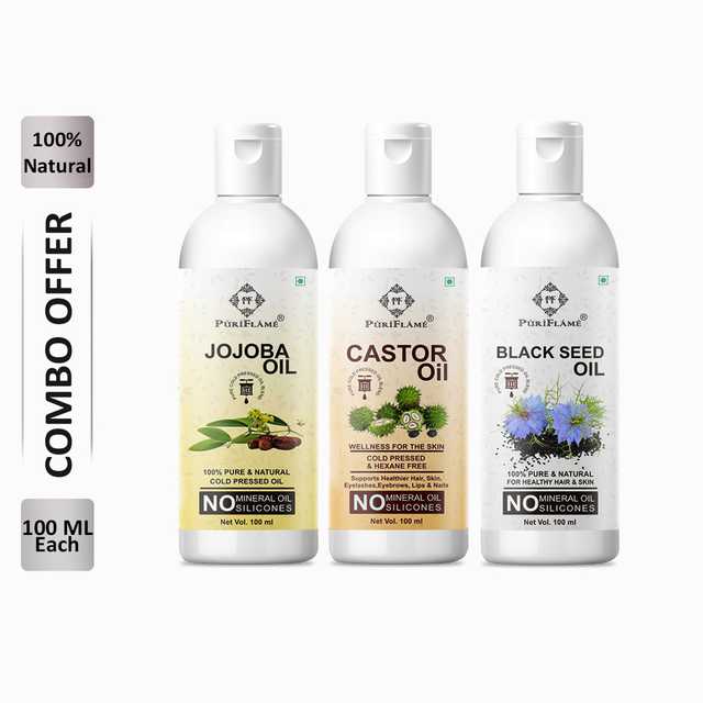 PuriFlame Pure Jojoba Oil (100 ml) & Castor Oil (100 ml) & Blackseed Oil (100 ml) Combo For Rapid Hair Growth (Pack Of 3) (B-5099)