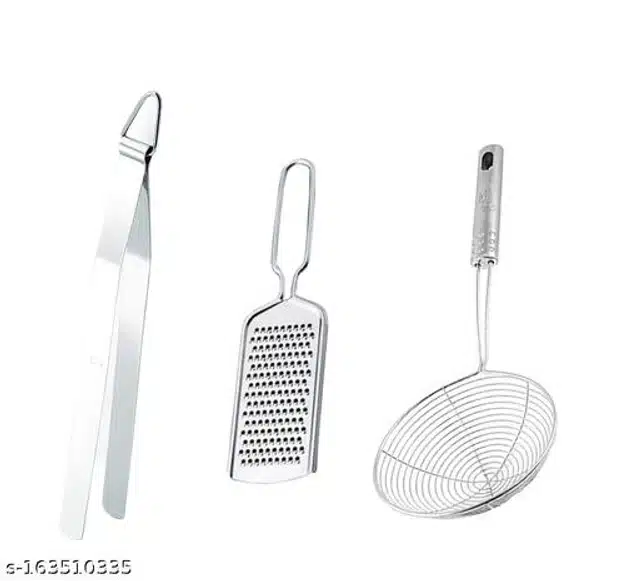 Stainless Steel Cheese Grater with Cooking Tong & Deep Frying Strainer (Silver, Set of 3)