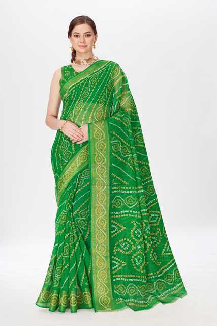 Exclusive Pure Cotton Printed Bandhani Saree With Unstitched Blouse (Green, 5.5 mtr) (EL-039)