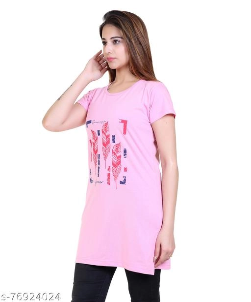 Round Neck Printed Long T-Shirt for Women (Pink, M)