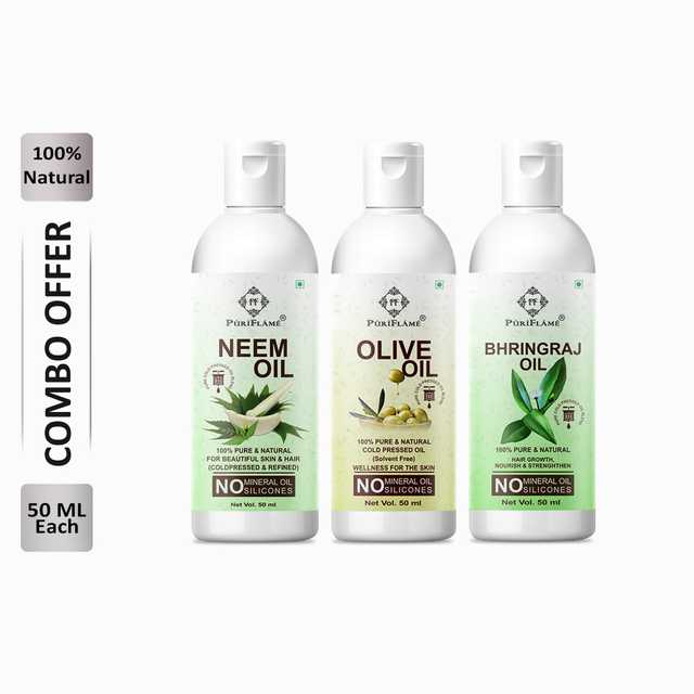 Puriflame Pure Neem Oil (50 ml), Olive Oil (50 ml) & Bhringraj Oil (50 ml) Combo for Rapid Hair Growth (Pack Of 3) (B-12167)