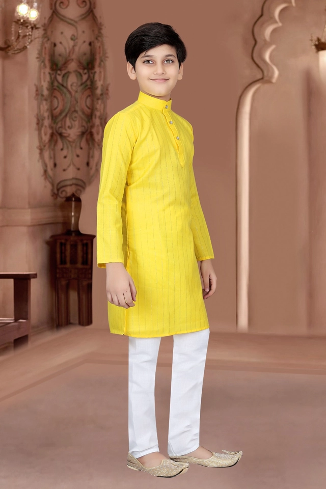 Cotton Full Sleeves Kurta with Pyjama for Boys (Yellow & White, 3-5 Years)