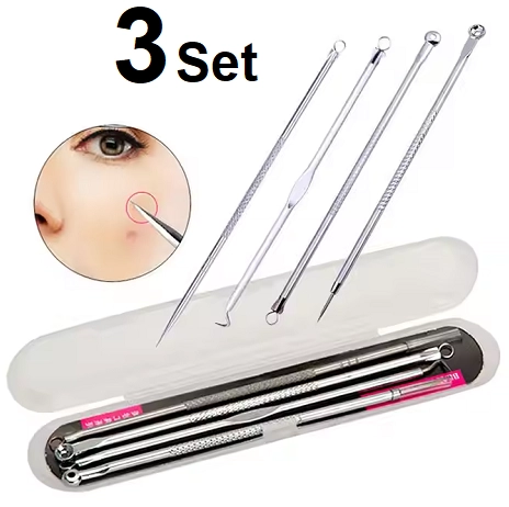 Stainless Steel 4 Pcs Acne Blackhead Remover (Silver, Set of 3)