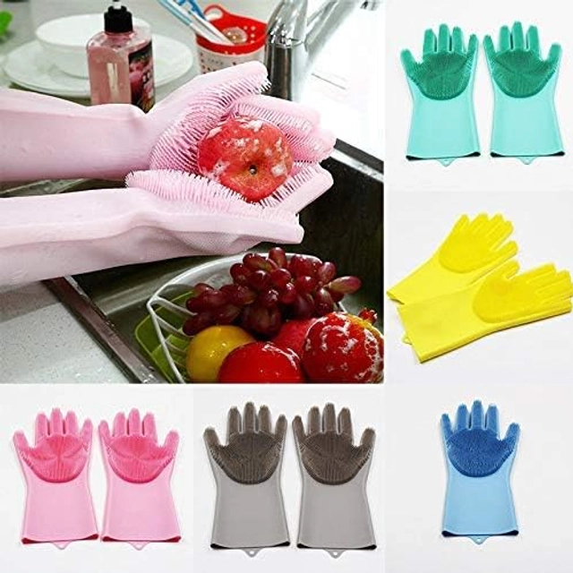 Silicone Reusable Dishwashing Cleaning Gloves for Kitchen (Assorted, Set of 1)