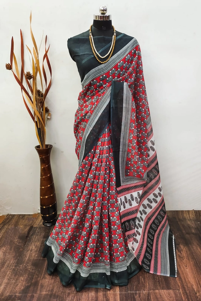 Linen Printed Saree for Women (Multicolor, 6.3 m)