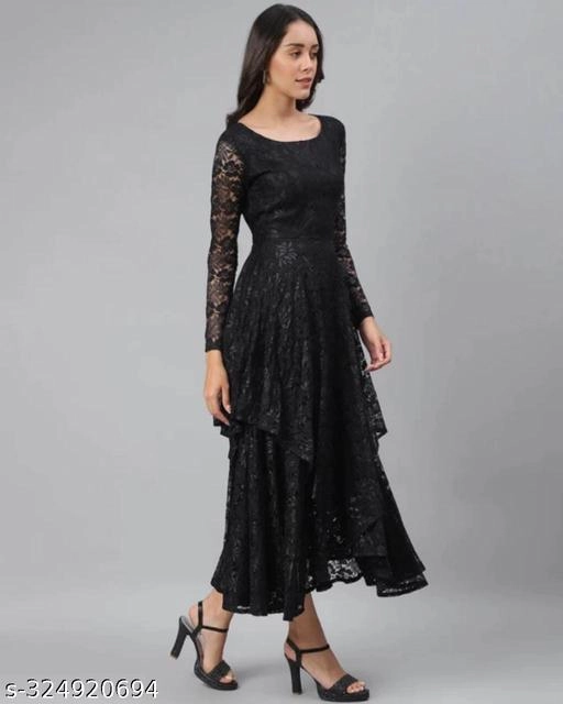 Net Self-Design Dress for Women (Black, S)