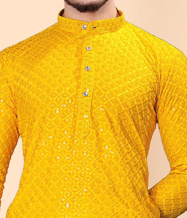 Cotton Blend Embroidered Kurta for Men (Mustard, S)