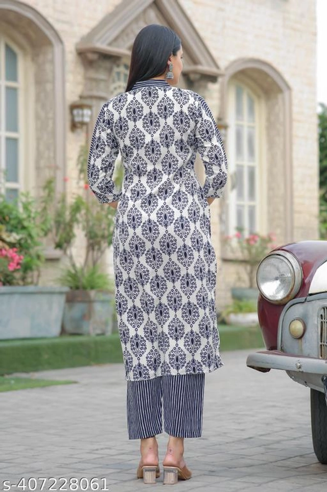 Cotton Linen Printed Kurti with Pant for Women (Blue, S)