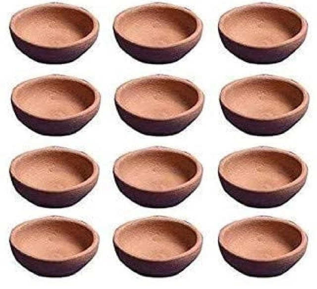 Natural Clay Handcrafted Diya (Multicolor, Pack of 12)