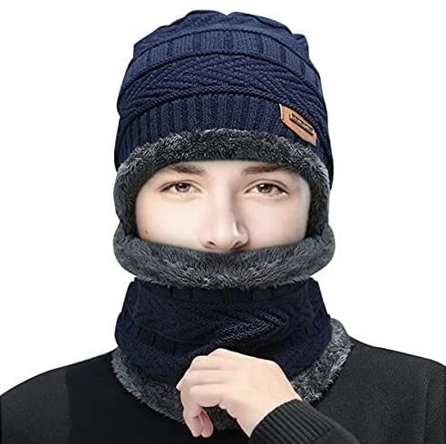 Woolen Cap with Neck Warmer for Men (Blue)