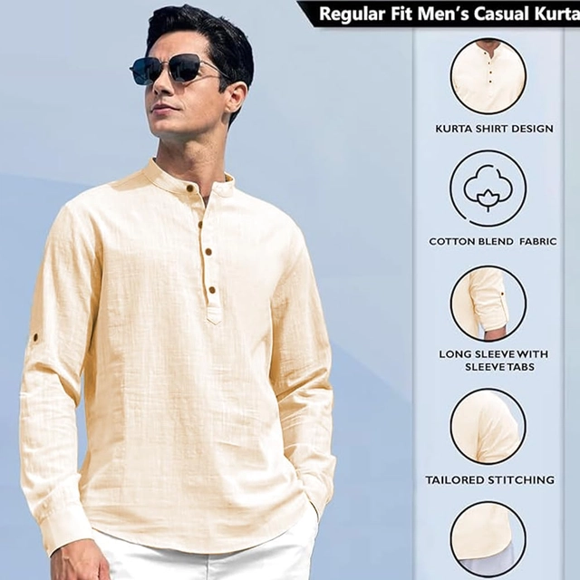 Cotton Solid Kurta for Men (Beige, S)