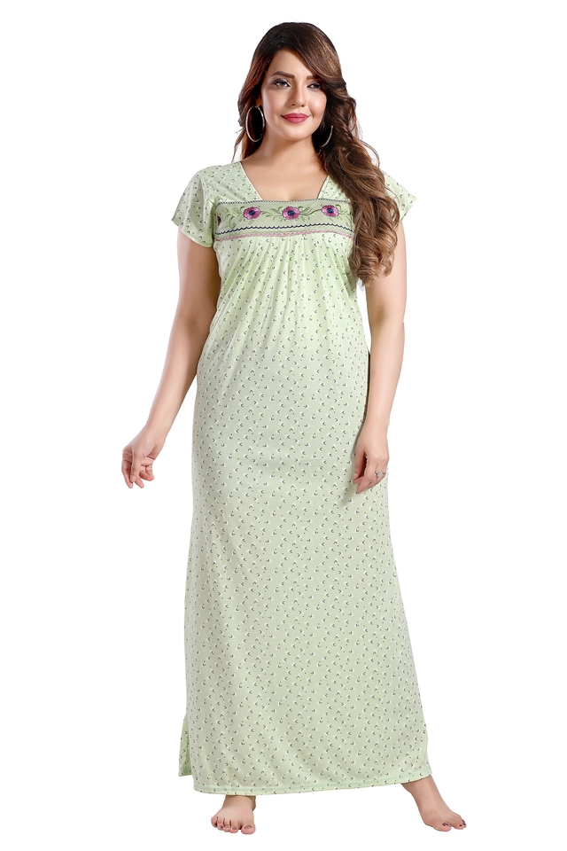 Hosiery Printed Nightdress for Women (Green, M)