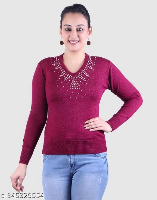 Acrylic Embellished Sweater for Women (Wine, M)