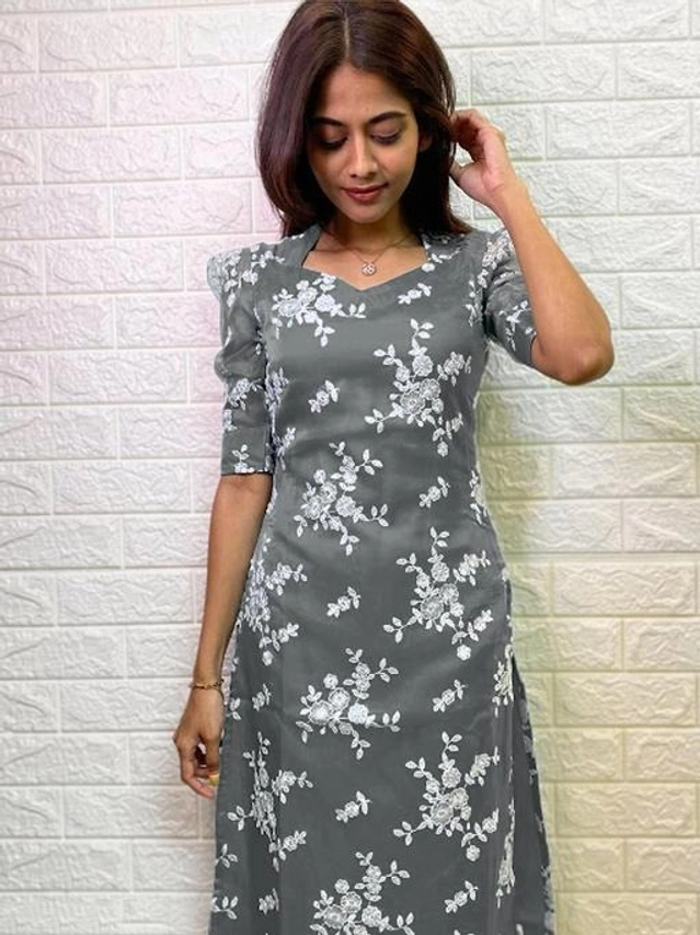 Organza Printed Kurti for Women (Grey, S )