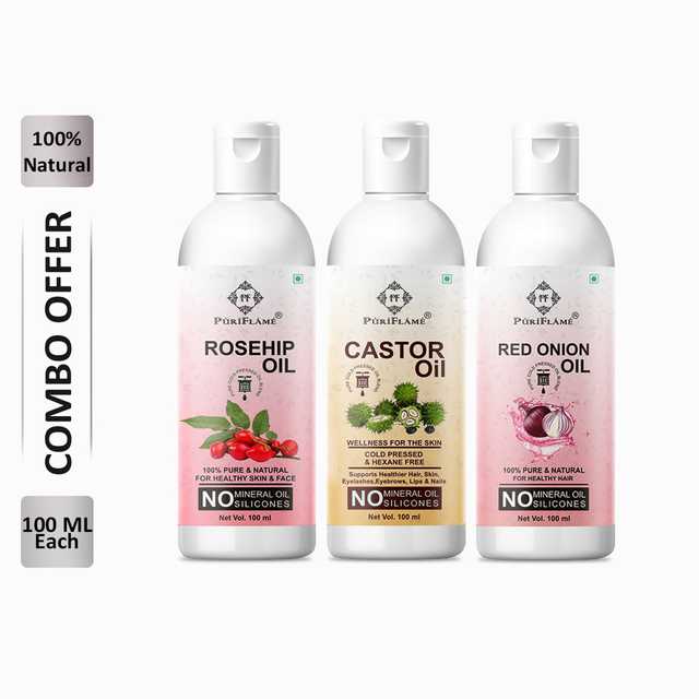 PuriFlame Pure Rosehip Oil (100 ml) & Castor Oil (100 ml) & Red Onion Oil (100 ml) Combo For Rapid Hair Growth (Pack Of 3) (B-7160)