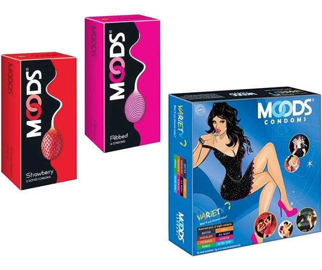 Moods Strawberry with Ribbed (2x12 Pcs) & Variety (16 Pcs) Dotted Condoms for Men (Set of 3)